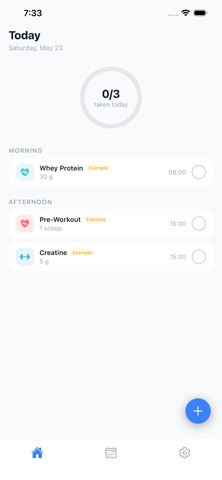 Dozr Today screen with three example supplements and reminder times.